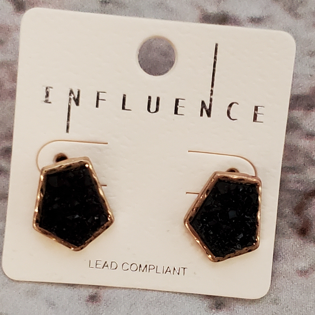 Influence Goldtone Hexagon Earrings With Black Druzy